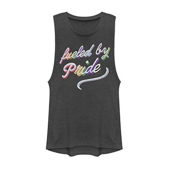 Junior's Fueled By Pride Rainbow Cursive Text Muscle Tank Top