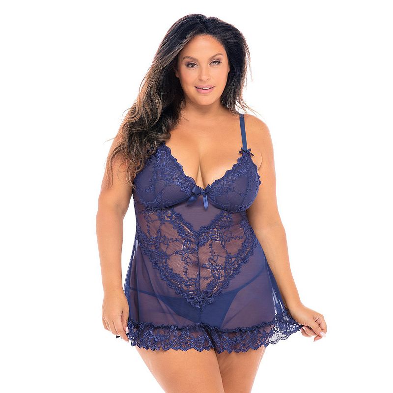 Plus Size Oh La La Cheri Valentine Soft Cup Lace Babydoll & G-String Set 2139X, Women's, Size: 3XL-4XL, Estate Blue