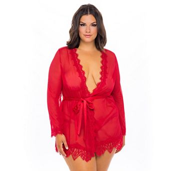 Plus Size Oh La La Cheri Provence Eyelash Lace Robe & G-String Set 94-11136X