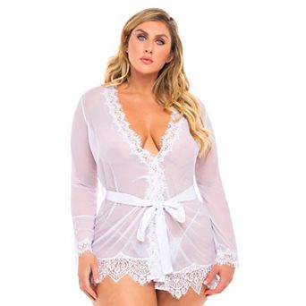 Plus Size Oh La La Cheri Provence Eyelash Lace Robe & G-String Set 94-11136X