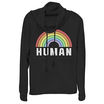 Junior's Human Colorful Pastel Rainbow Cowlneck Graphic Lightweight Long Sleeve