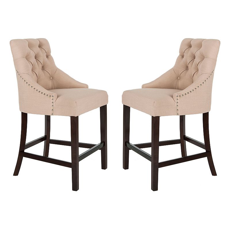 SAFAVIEH Eleni 26 in. H Tufted Wing Back Counter Stool with Ring  Beige  Set of 2