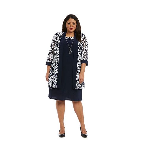 Женские платья R&M Plus Size R&M Richards Puff Print Jacket & Dress Set with Necklace