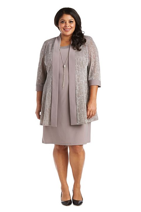 Женские платья R&M Plus Size R&M Richards Shimmer Jacquard Knit Jacket & Dress Set with Necklace