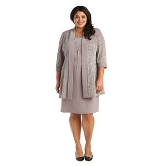 Plus Size R&M Richards Shimmer Jacquard Knit Jacket & Dress Set with Necklace