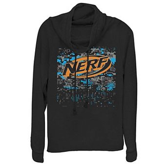 Juniors' Nerf Logo Glitch Camouflage Cowlneck Graphic Lightweight Long Sleeve