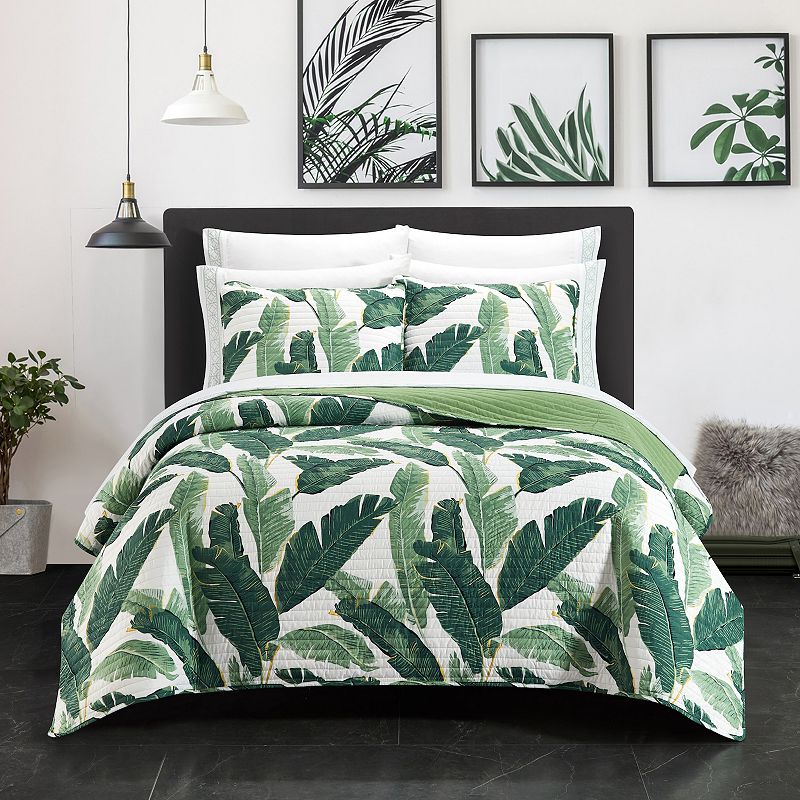 Palm Spring 9 or 6 Piece Quilt Set Watercolor Floral Pattern Print Bed In A Bag