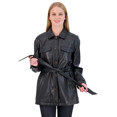 Women's Sebby Collection Faux Leather Belted Shirt Jacket