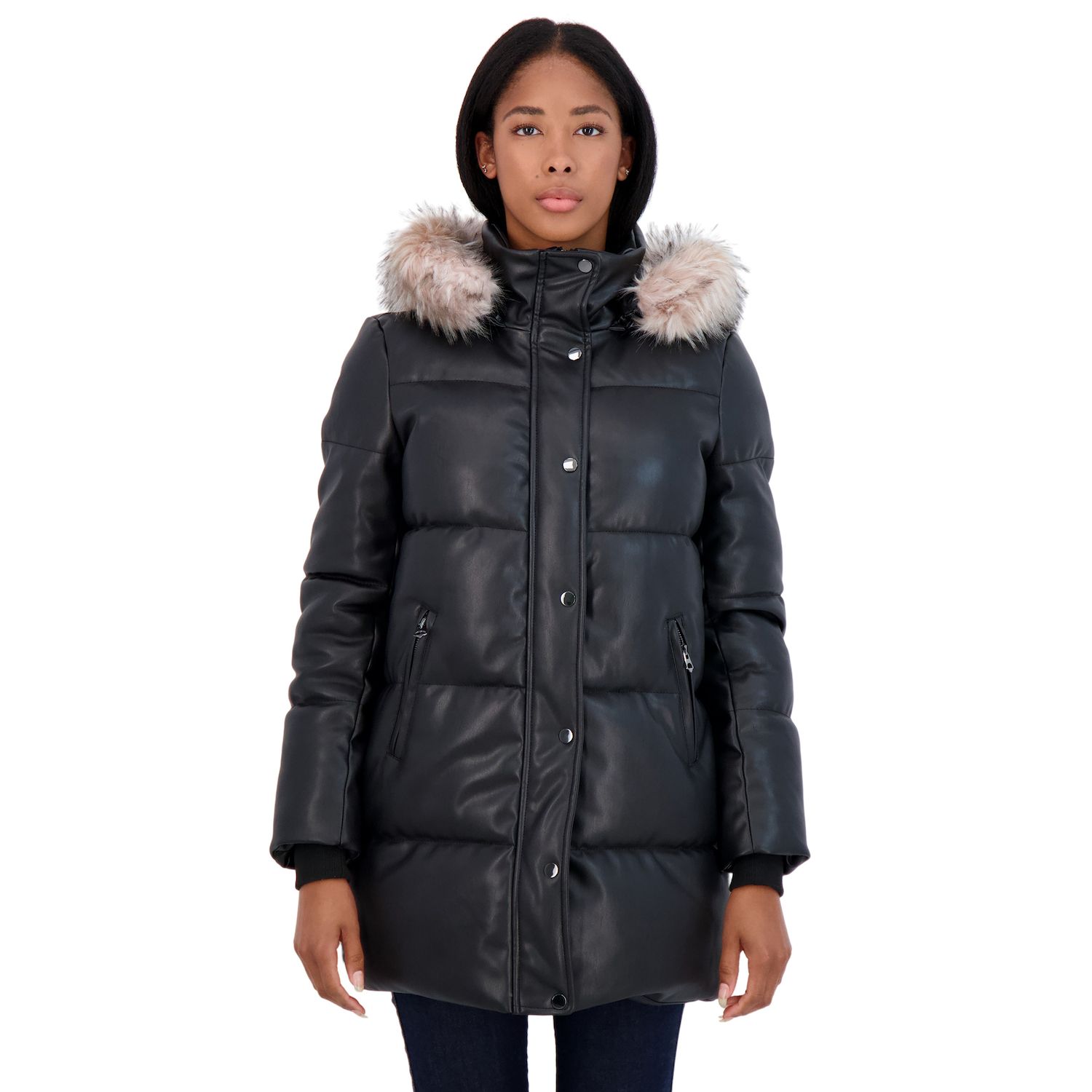 womens black leather puffer jacket