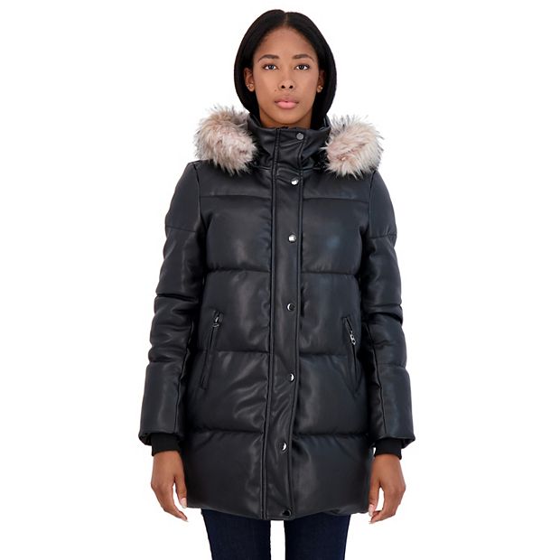 Women's Sebby Collection Faux Leather Hooded Puffer Jacket
