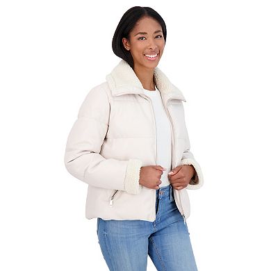 Women's Sebby Collection Faux Leather Puffer Jacket with Sherpa Collar and Cuffs