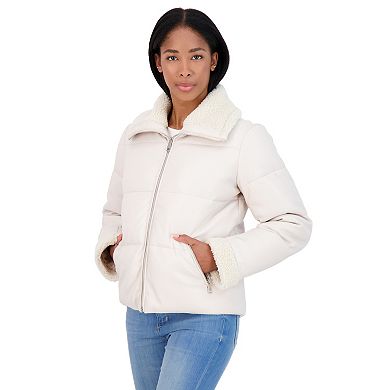 Women's Sebby Collection Faux Leather Puffer Jacket with Sherpa Collar and Cuffs