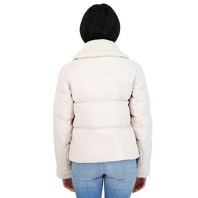 Women's Sebby Collection Faux Leather Puffer Jacket with Sherpa Collar and Cuffs