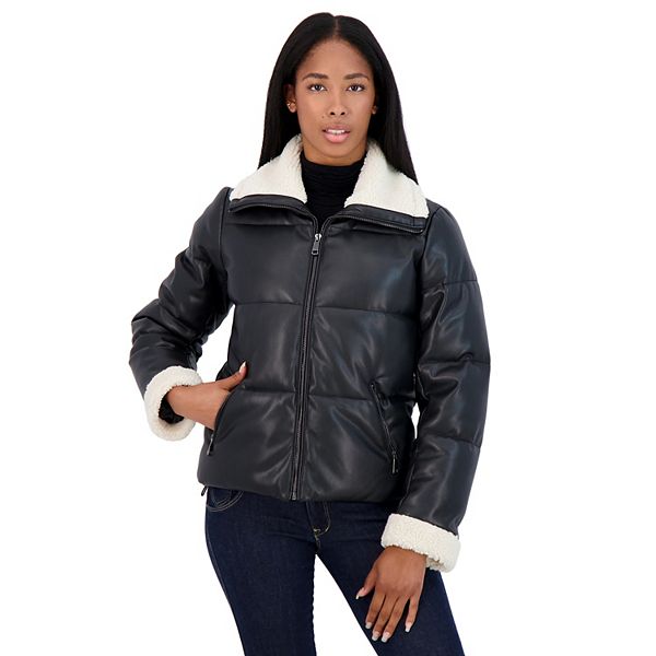 Sebby Collection Women's Puffer Jacket Reversible to Cozy Faux Fur with  Hood Black Small