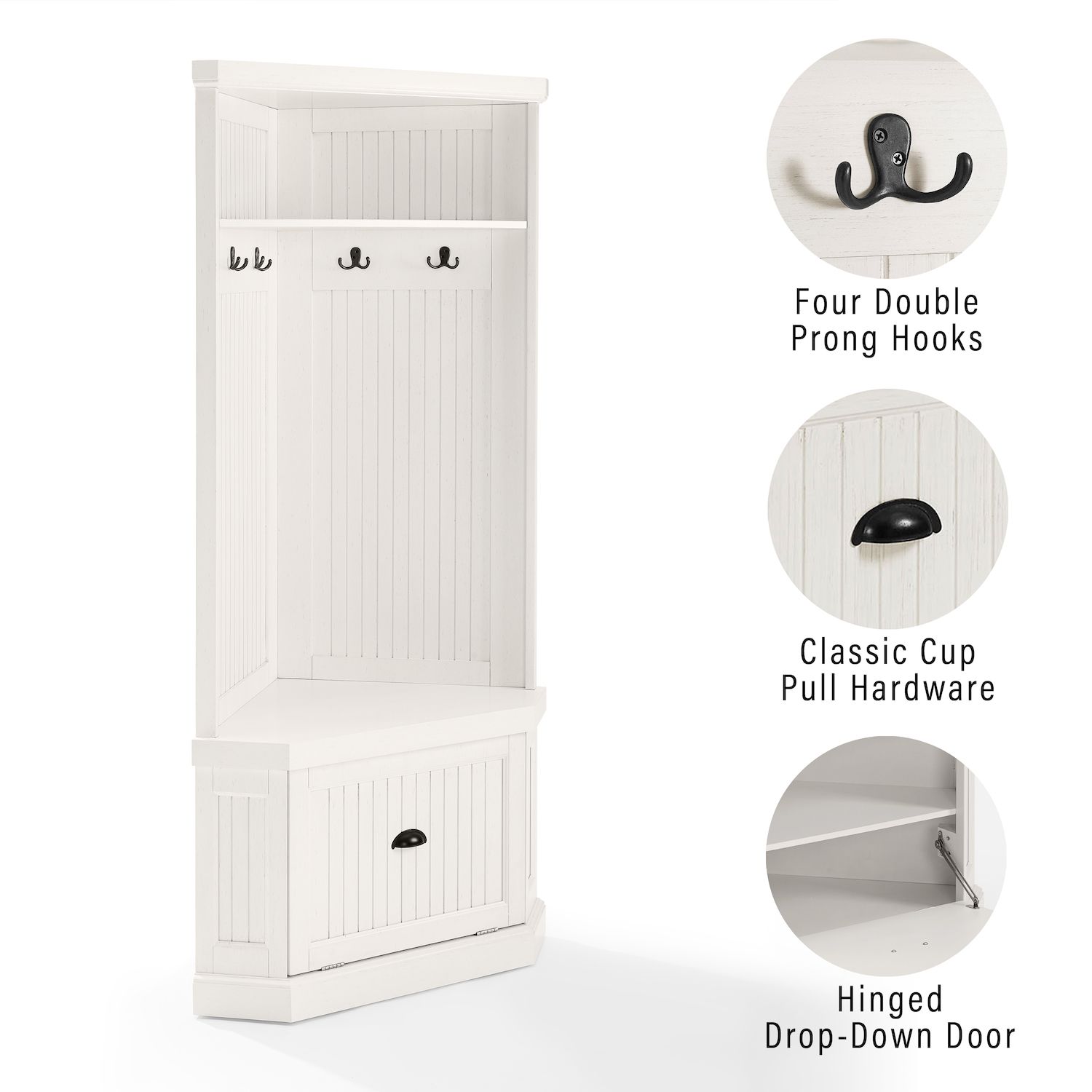 Corner hall tree features callouts: four double prong hooks and hinged door
