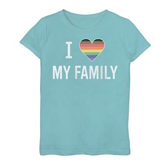 Girls 7-16 I Love My Family Rainbow Striped Heart Graphic Tee