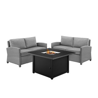 Crosley Bradenton 3 pc Wicker Loveseat Set with Fire Table