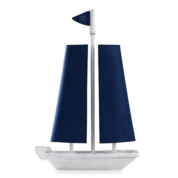 Style Craft Moulded Sail Boat Table Lamp with Two U shaped Blue Sail Shades - White Finish