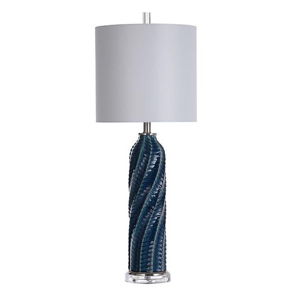 Cylindrical Table Lamp with Diagonal Texture and Acrylic Base, Gray Finish