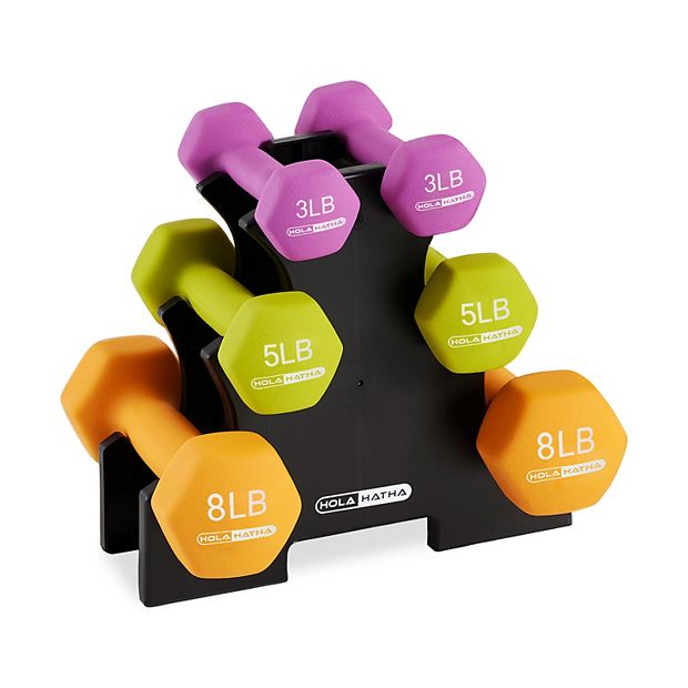 HolaHatha 3 5 and 8 Pound Dumbbell Hand Weight Set with Storage