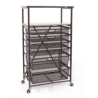 Origami CC6-Bronze Folding Storage Shelf Rolling Cart with Mesh Drawers, Bronze