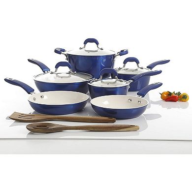 Kenmore Arlington 12 Piece Nonstick Ceramic Cookware and Accessory Set, Blue