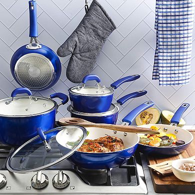 Kenmore Arlington 12 Piece Nonstick Ceramic Cookware and Accessory Set, Blue