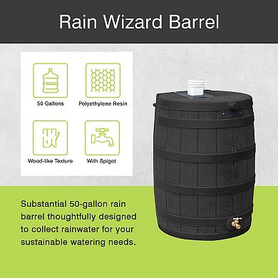 Good Ideas Rain Wizard 50 Gallon Plastic Rain Barrel Water Collector, Black