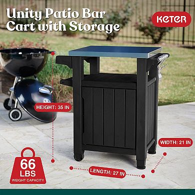 Keter Unity 40 Gal Patio Storage Grilling Bar Cart W/ Stainless Steel Top, Grey