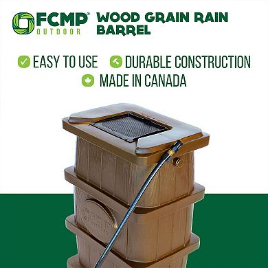 FCMP Outdoor WG4000 45 Gal Wood Grain Rain Water Catcher Barrel Container, Brown