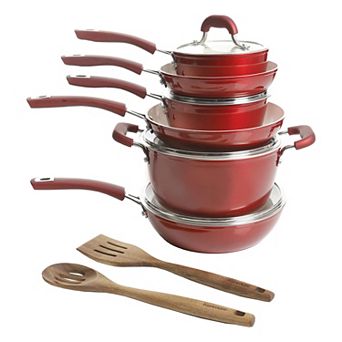 Kenmore Arlington 12 pc Aluminum Non Stick Frying Pot & Pan Cookware Set, Red