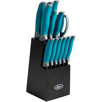 Oster Lindbergh 14 pc Stainless Steel Cutlery Set Black Block, Teal/Black