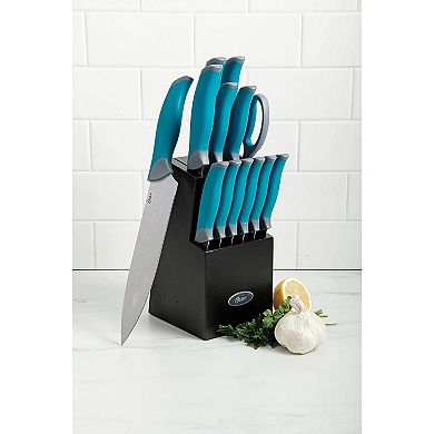 Oster Lindbergh 14 Piece Stainless Steel Cutlery Set Black Block, Teal/Black