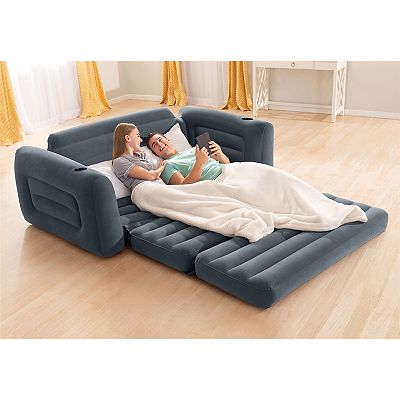 Intex Queen Size Inflatable Pull Out Sofa Bed Sleep Away Futon Couch Dark Gray