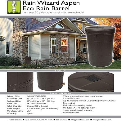 Good Ideas Aspen ECO 50 Gallon Rain Barrel Rain Collector Saver w/ Brass Spigot