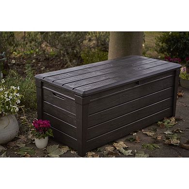 Keter Brightwood 120gal Weatherproof Resin Patio Deck Storage Box Bench, Brown