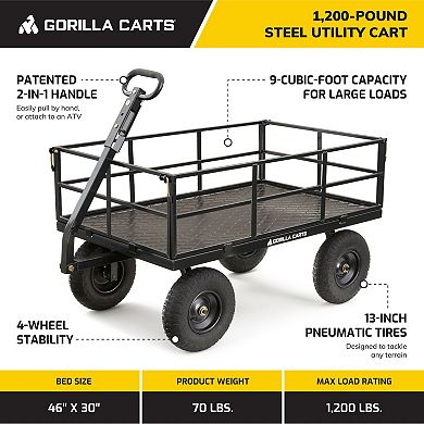 Gorilla Carts Steel Utility Cart, 9 Cubic Feet Garden Wagon With Removable Sides