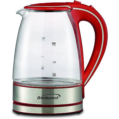 Brentwood KT-1900R 1100W 1.7 Liter Cordless Electric Glass Tea Kettle Pot, Red