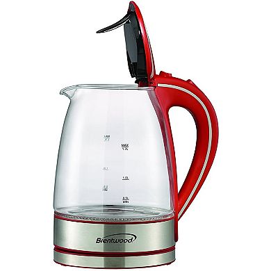 Brentwood KT-1900R 1100W 1.7 Liter Cordless Electric Glass Tea Kettle Pot, Red