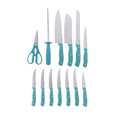 Oster Evansville 14 Piece Stainless Steel Kitchen Knife Cutlery Set, Turquoise