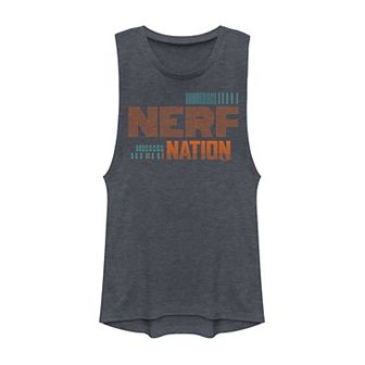 Juniors' "Nerf Nation" Lined Text Muscle Tank Top