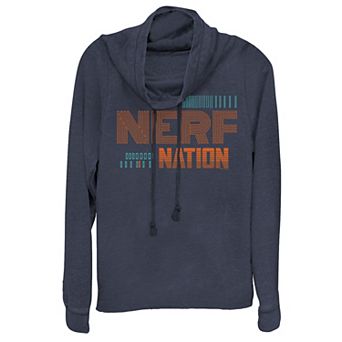 Juniors' "Nerf Nation" Lined Text Cowlneck Graphic Lightweight Long Sleeve
