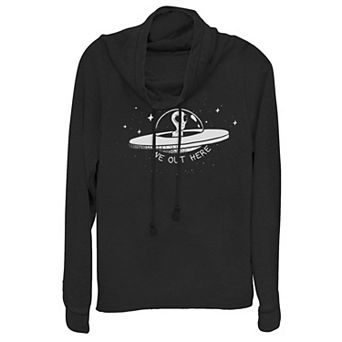 Juniors' "We Out Here" Flying Saucer Alien Cowlneck Graphic Lightweight Long Sleeve