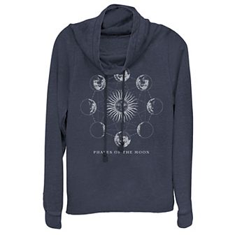 Juniors' "Phases Of The Moon" Cowlneck Graphic Lightweight Long Sleeve