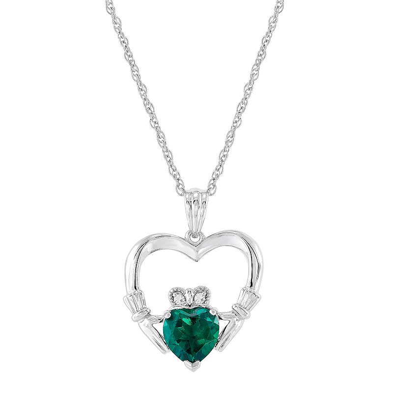 Sterling Silver Lab-Created Emerald & Diamond Accent Claddagh Pendant Neck