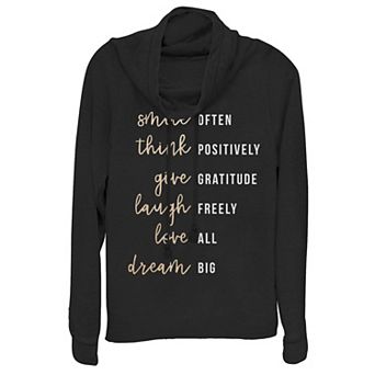 Juniors' "Smile Often Laugh Freely Love All Dream Big" List Cowlneck Graphic Lightweight Long Sleeve