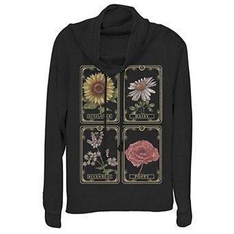 Juniors' Sunflower Tarot Playing Card Cowlneck Graphic Lightweight Long Sleeve