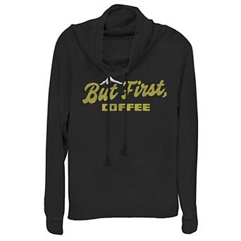 Juniors' "But First, Coffee" Cowlneck Graphic Lightweight Long Sleeve