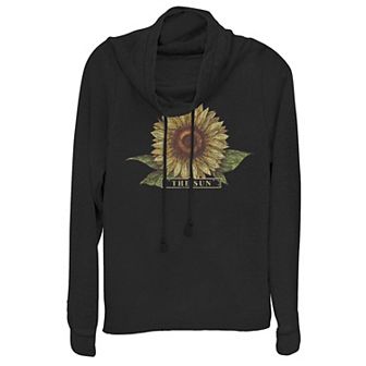 Juniors' Sunflower Cowlneck Graphic Lightweight Long Sleeve