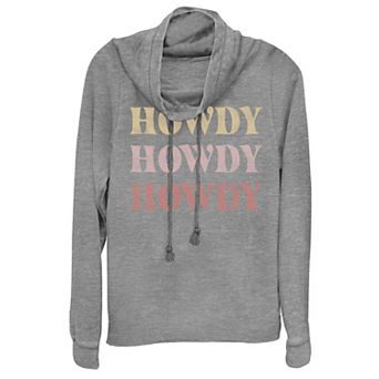 Juniors' "Howdy" Text Stack Cowlneck Graphic Lightweight Long Sleeve